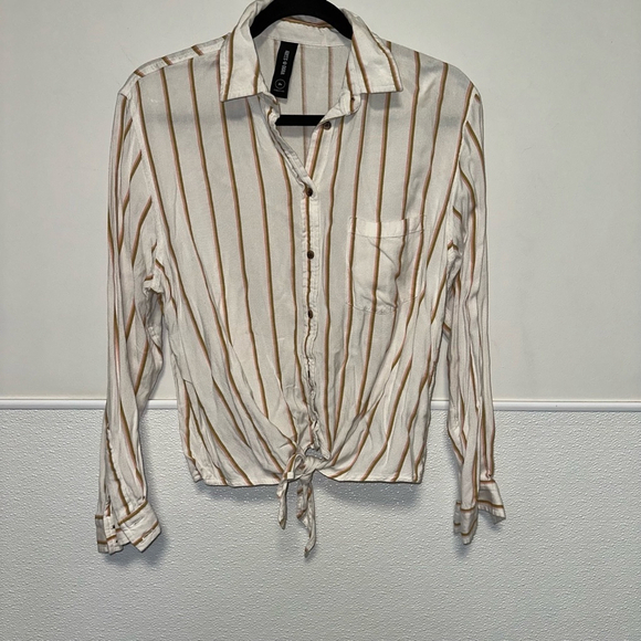 Agnes Dora Tops - Women's Agnes & Dora button down Shirt, M, cream, brown, pink - tie at bottom